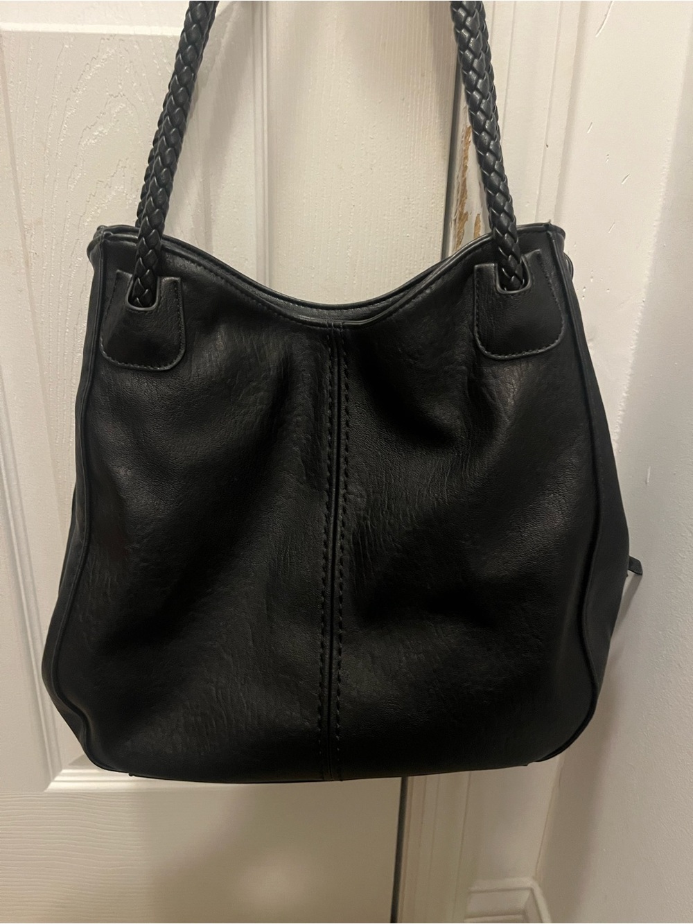 Antik Kraft Black Leather Shoulder Tote with Braided Handles